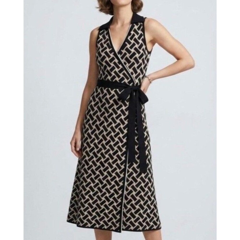 Diane Von Furstenberg Target Shirt Dress 2X Wrap Knit Midi Belted V-neck Black